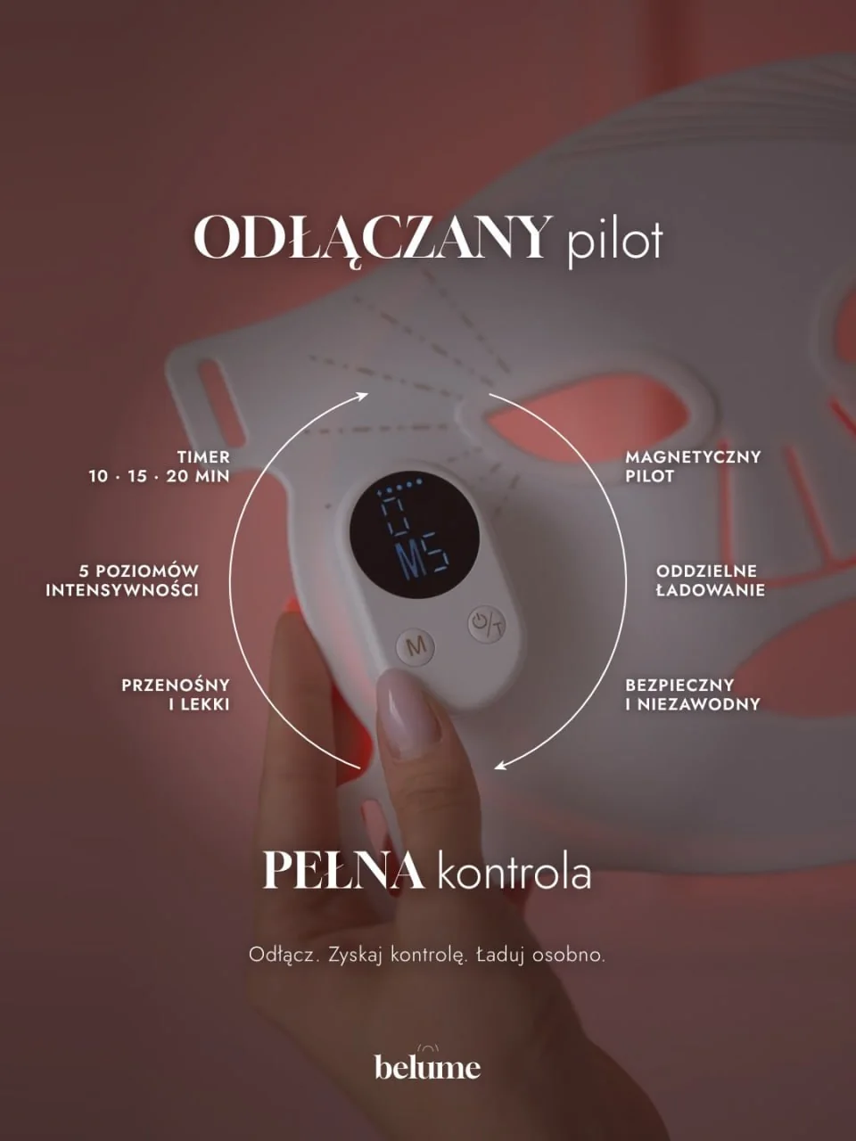 Magnetyczny odłączany pilot BELUME — osobne ładowanie, timer 10, 15 i 20 minut oraz pięć poziomów intensywności